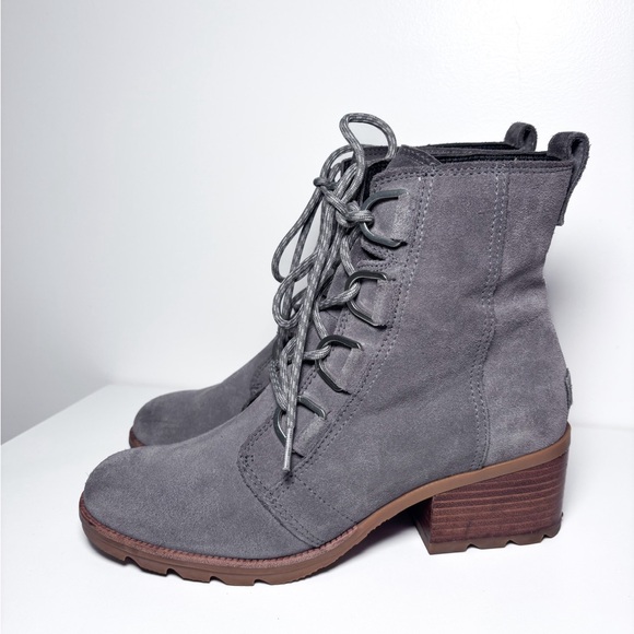 Sorel Cate Gray Lace Up Suede Leather Block Heel Ankle Boots Women’s Size 9 - Picture 2 of 10